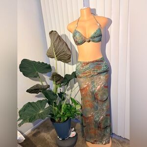 Tropical Print Bikini Top and Skirt Set